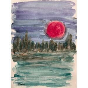Hand painted watercolor original painting red moon forest lake night sky